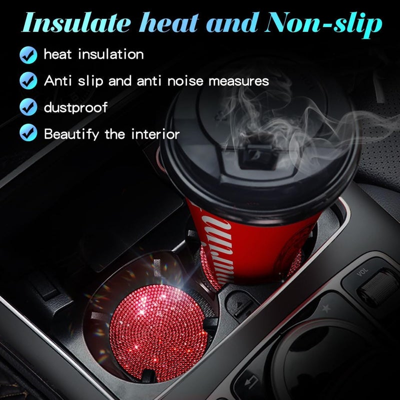 Murimt 2 PCS Universal Vehicle Bling Cup Holder Insert Coaster Car Interior Accessories,2.75 inch Silicone Anti Slip Crystal Rhinestone Car Coaster(Red) - Image 5